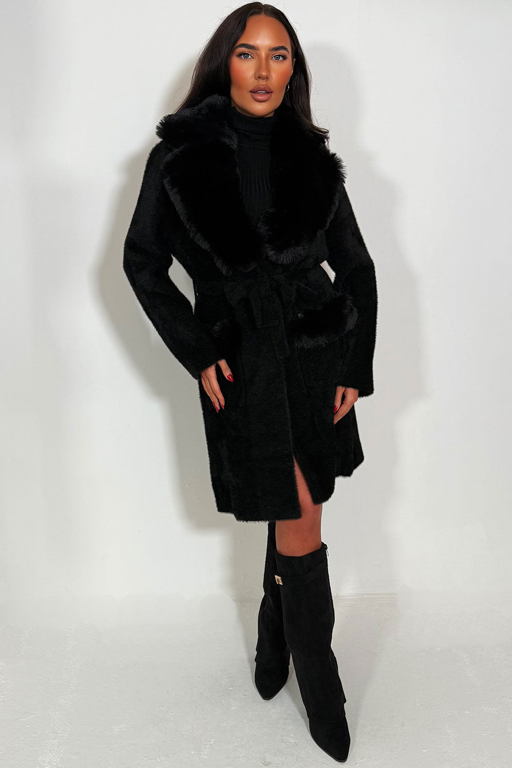 Faux Fur Collar Belted Coat with Faux Fur Cuff B | Xtralitty
