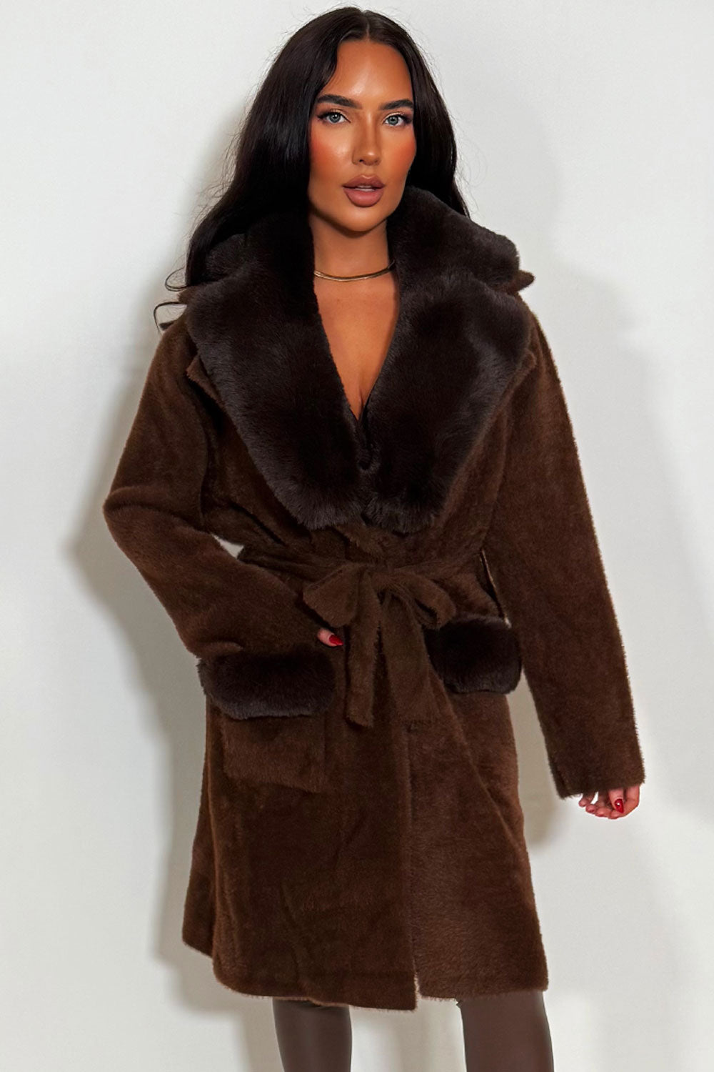 Faux Fur Collar Belted Coat with Faux Fur Cuff B | Xtralitty