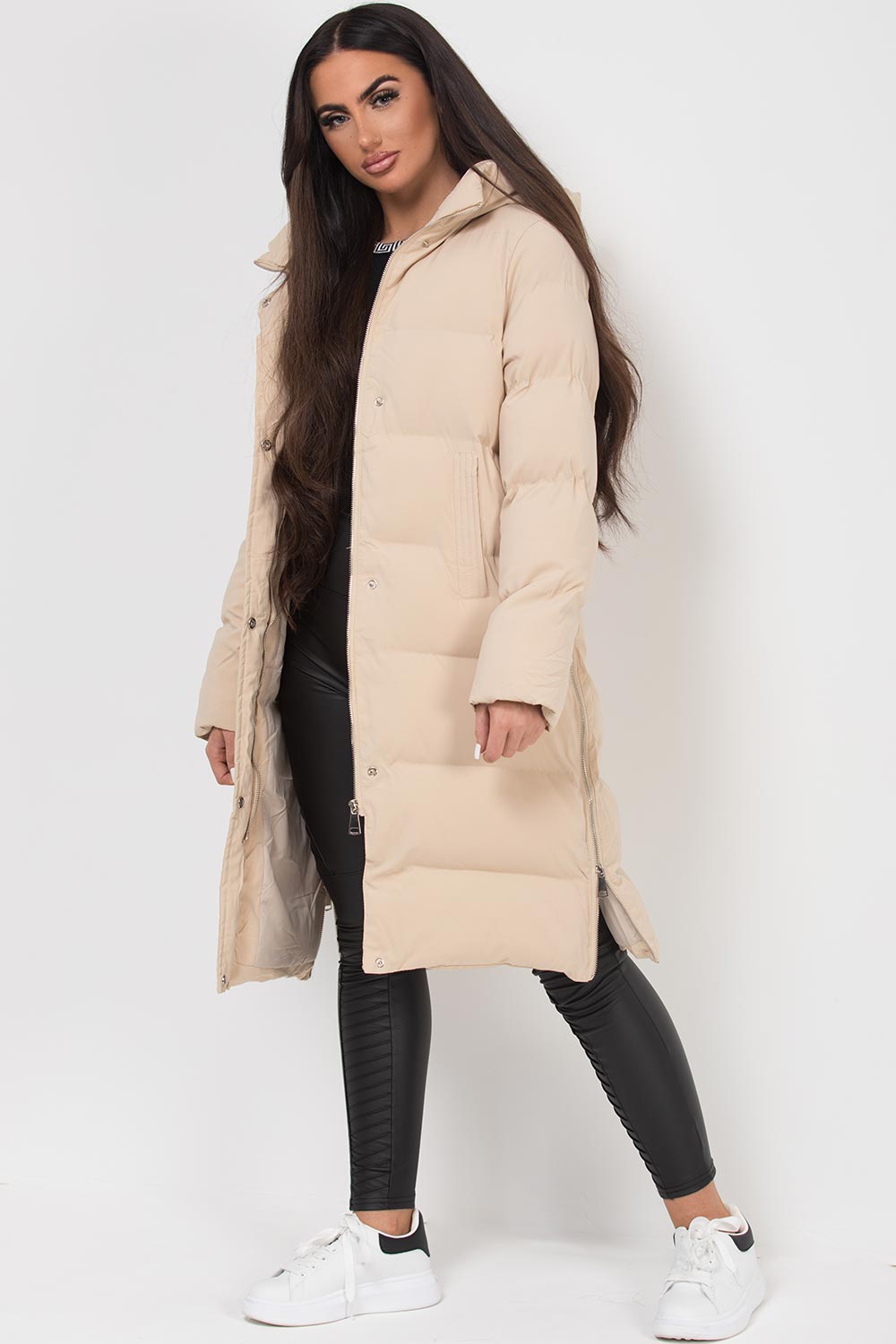 Long Puffer Coat with Side Zip Beige | Xtralitty