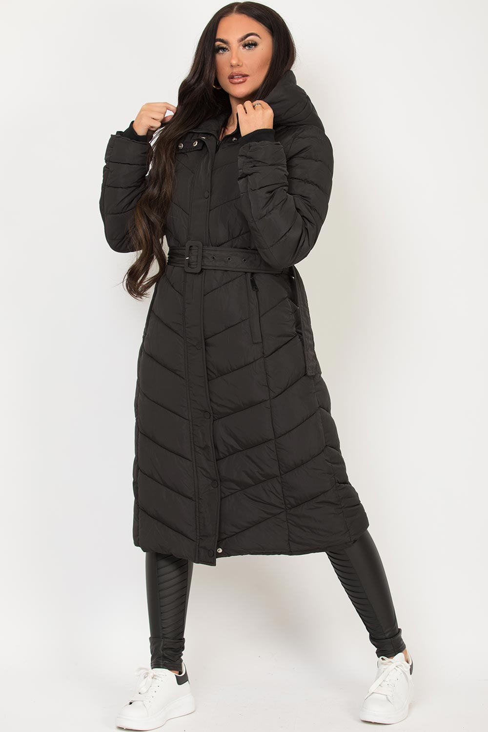 Long Padded Puffer Coat with Belt Black | Xtralitty