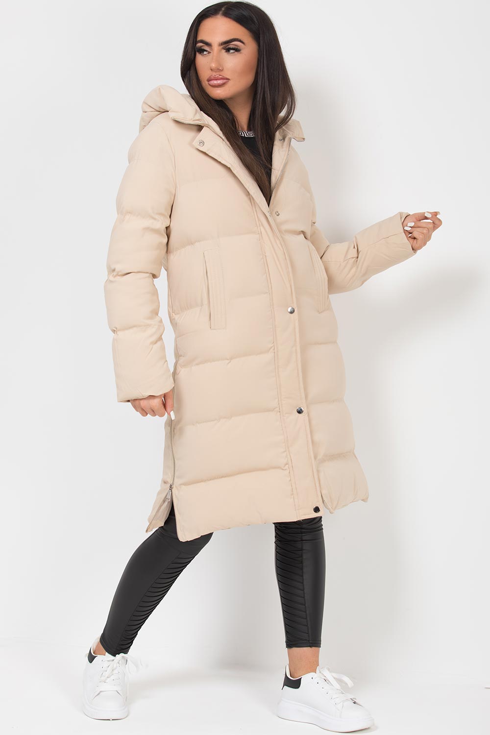 Long Puffer Coat with Side Zip Beige | Xtralitty