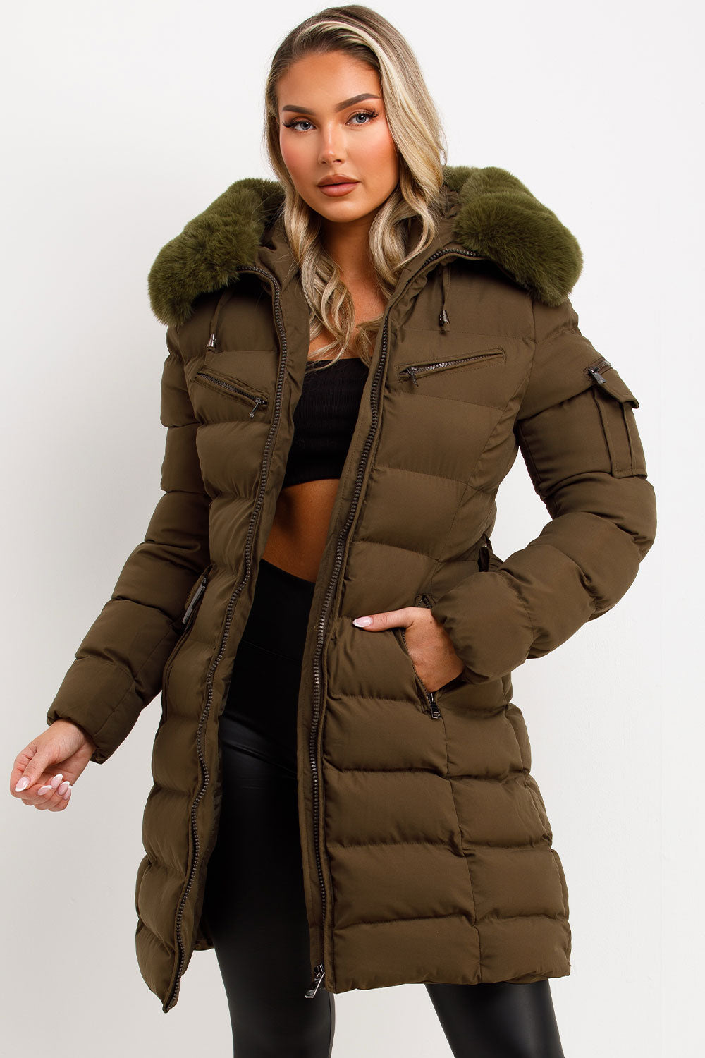 Long Puffer Coat with Fur Hood and Belt Khaki | Xtralitty