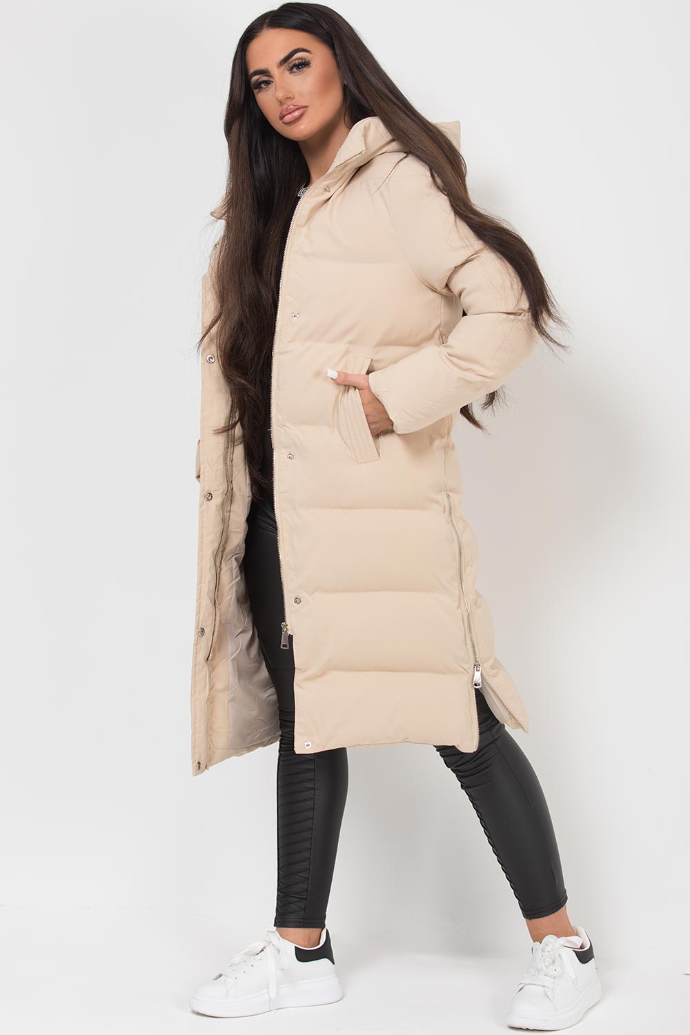 Long Puffer Coat with Side Zip Beige | Xtralitty