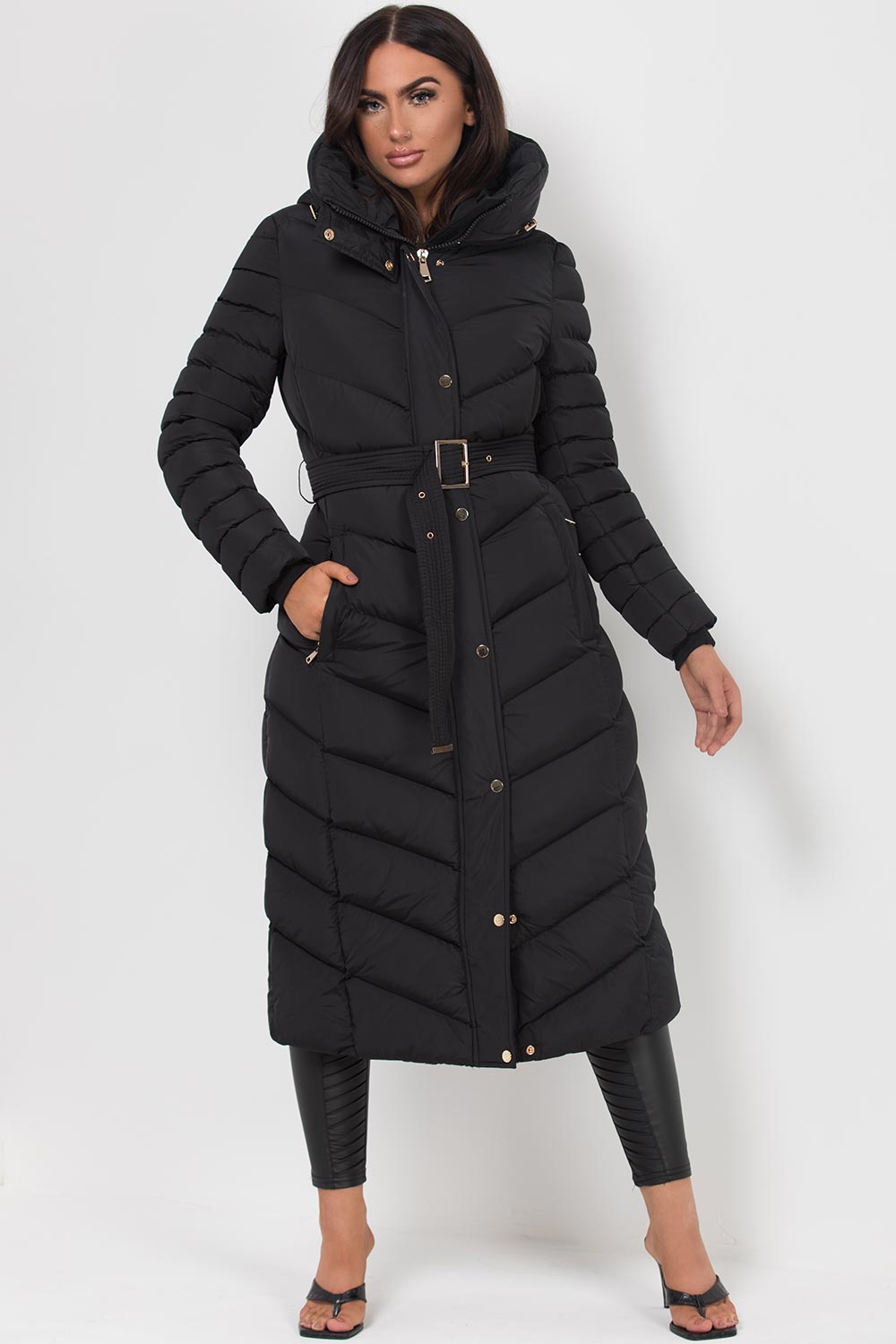 Long Puffer Down Coat with Belt Black | Xtralitty