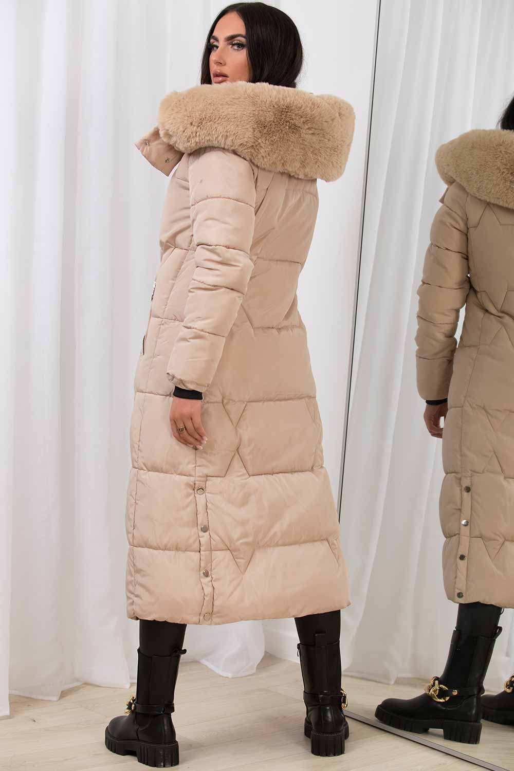 Long Puffer Padded Coat with Faux Fur Hood Beige | Xtralitty