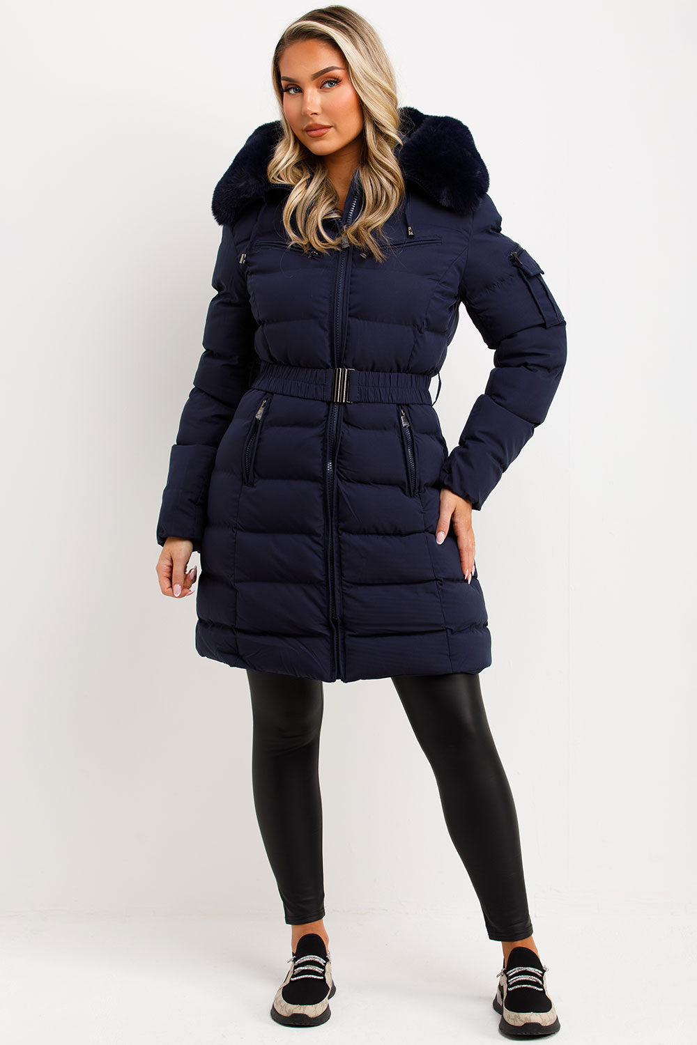 Long Puffer Coat with Fur Hood and Belt Navy | Xtralitty