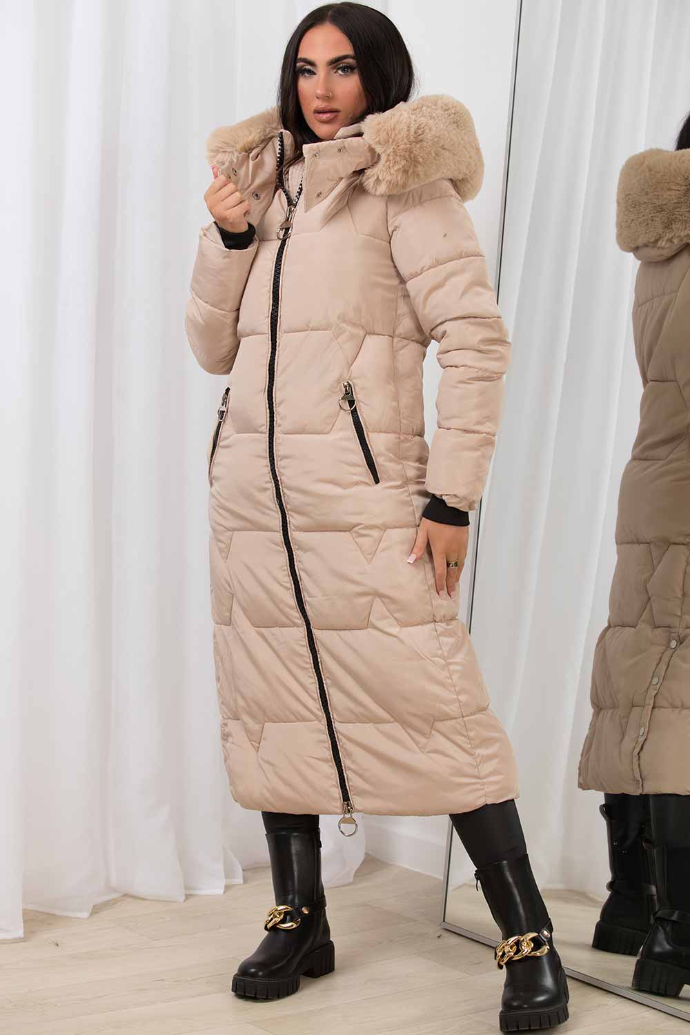 Long Puffer Padded Coat with Faux Fur Hood Beige | Xtralitty