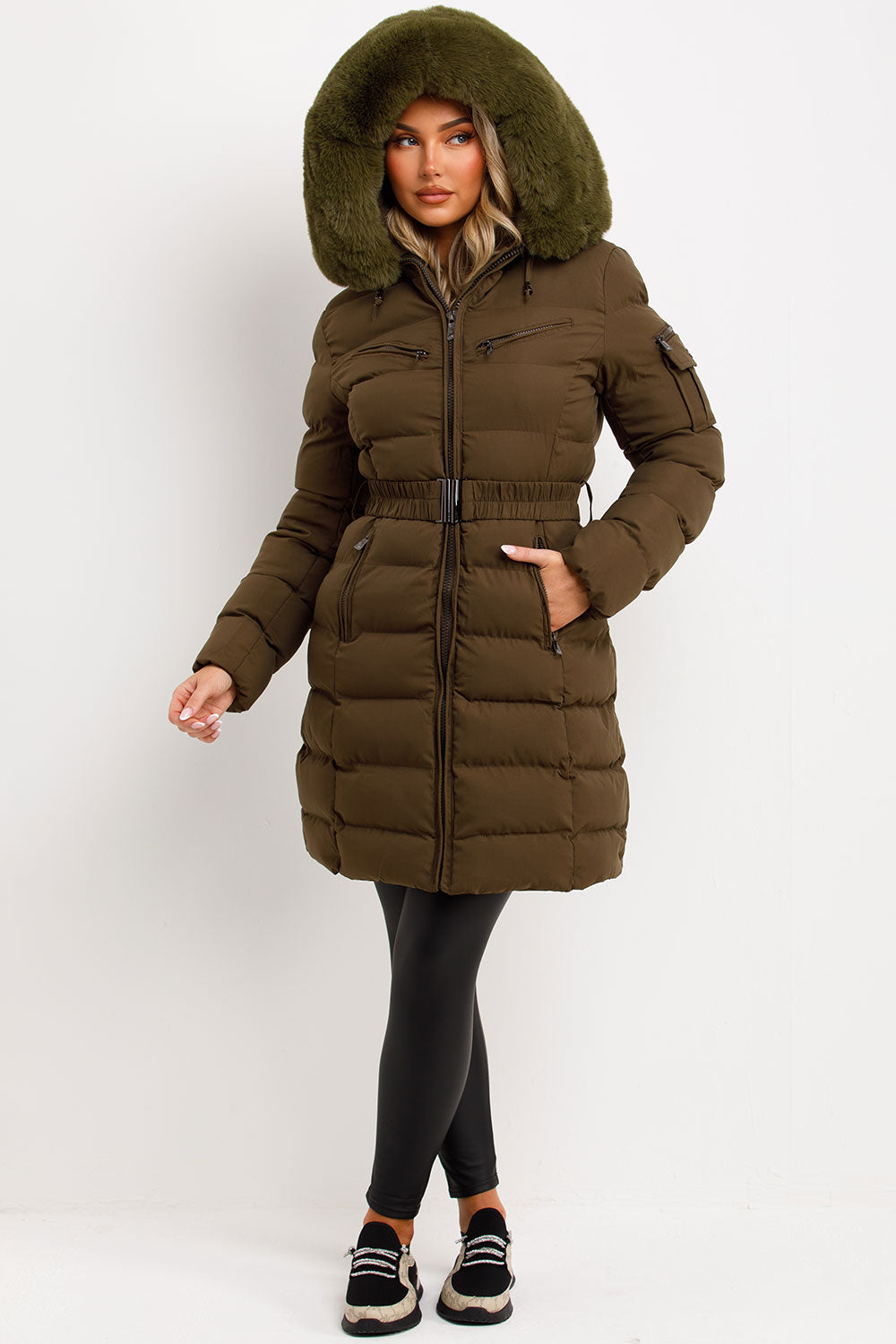 Long Puffer Coat with Fur Hood and Belt Khaki | Xtralitty