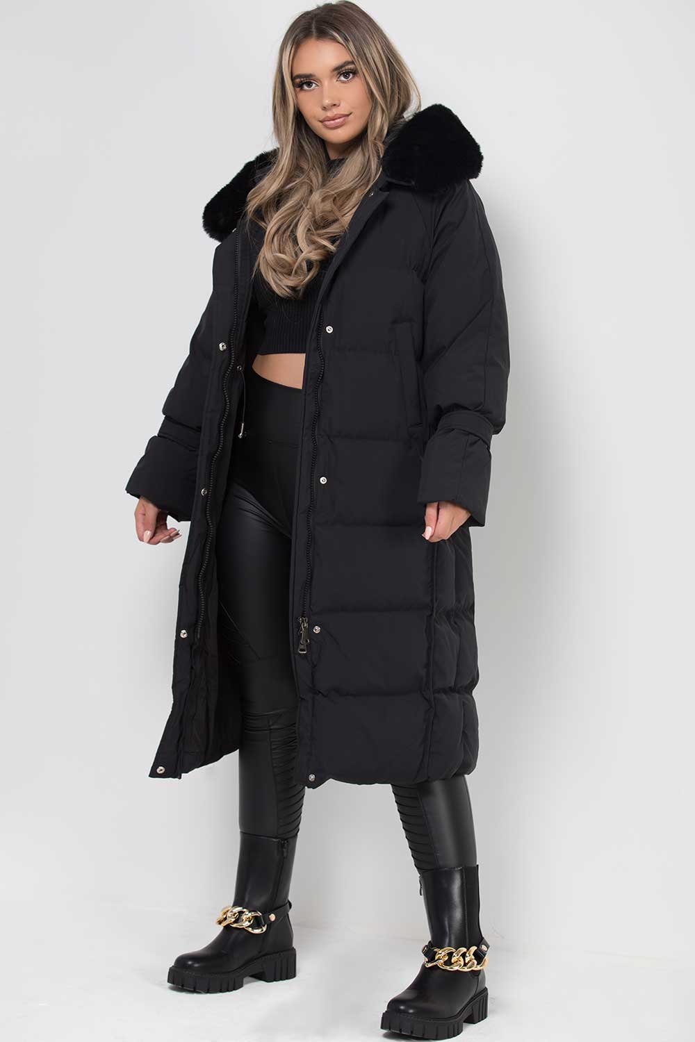 Long Puffer Down Coat with Faux Fur Hood Black | Xtralitty