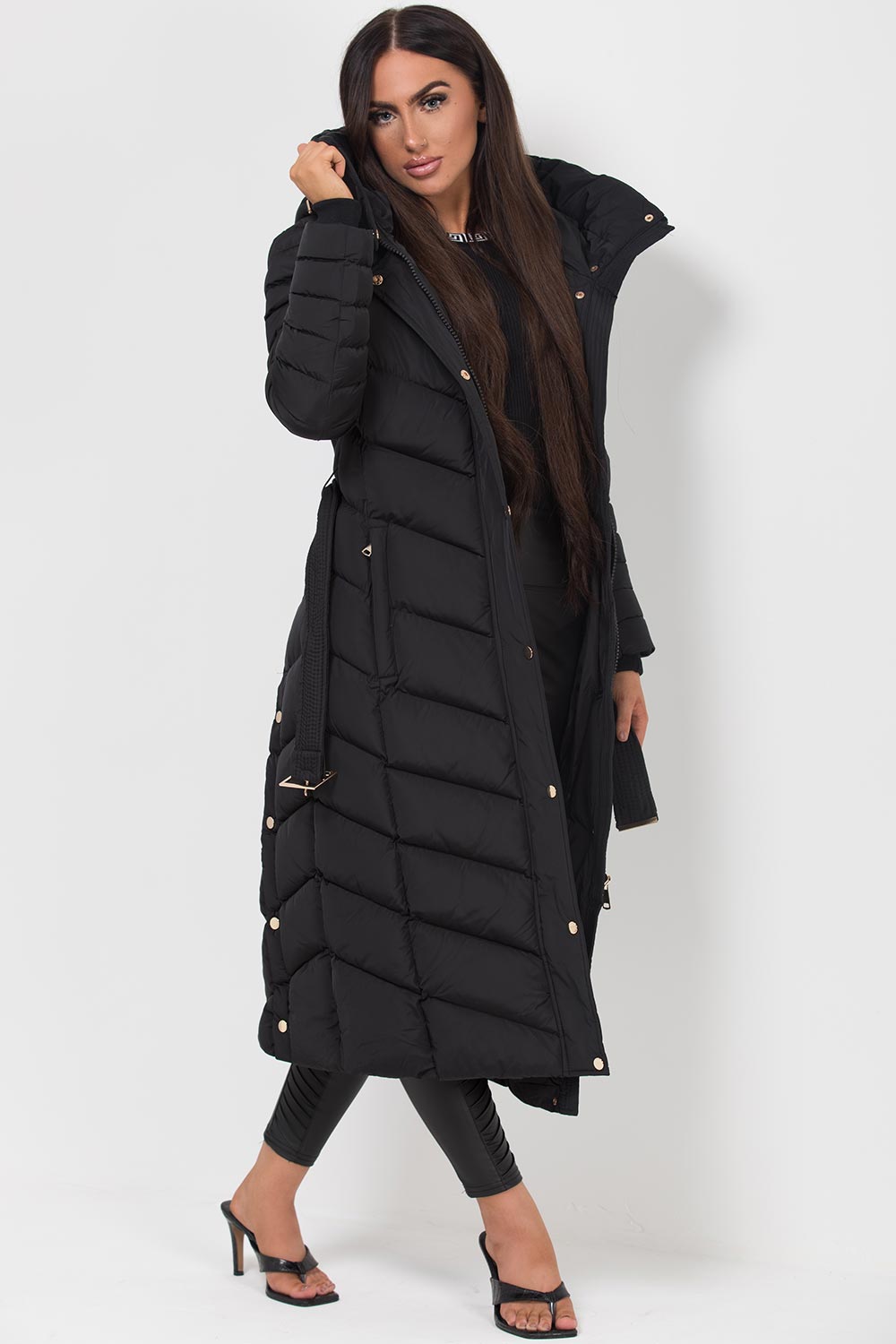 Long Puffer Down Coat with Belt Black | Xtralitty
