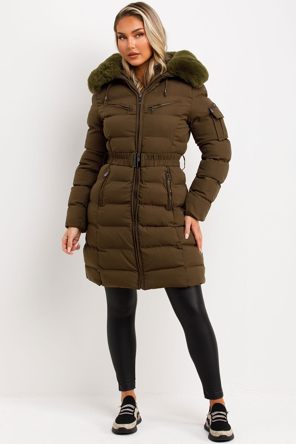 Long Puffer Coat with Fur Hood and Belt Khaki | Xtralitty