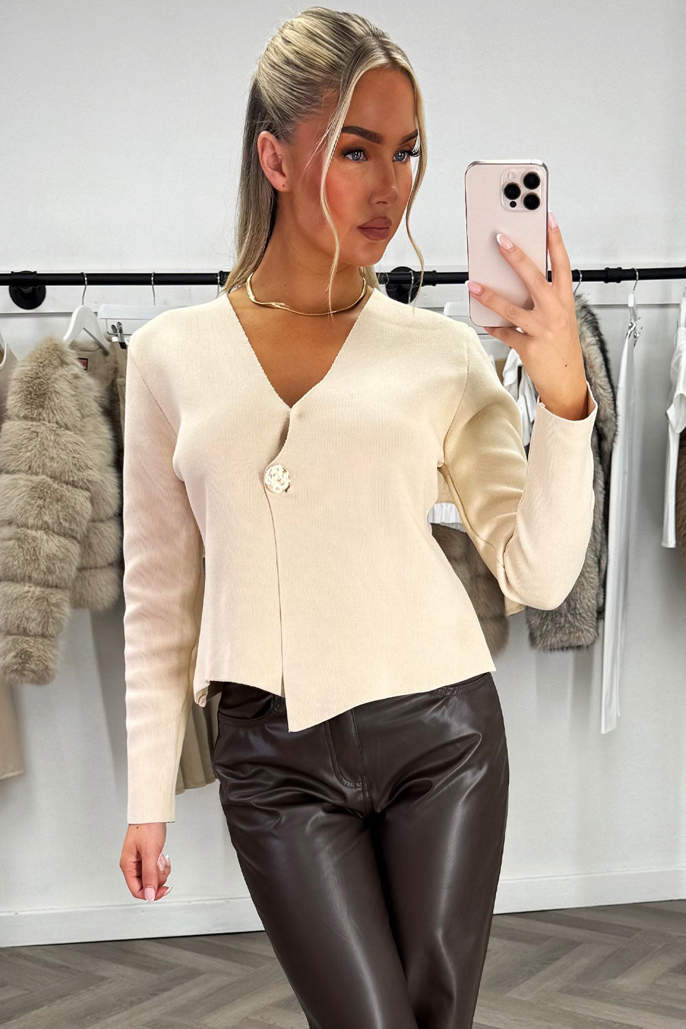 Beige Long Sleeve Knitted Jumper with Gold Butto | Xtralitty