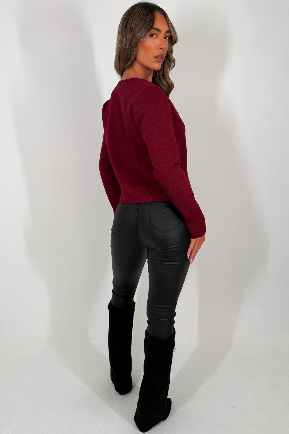 Burgundy Long Sleeve Knitted Jumper with Gold Bu | Xtralitty