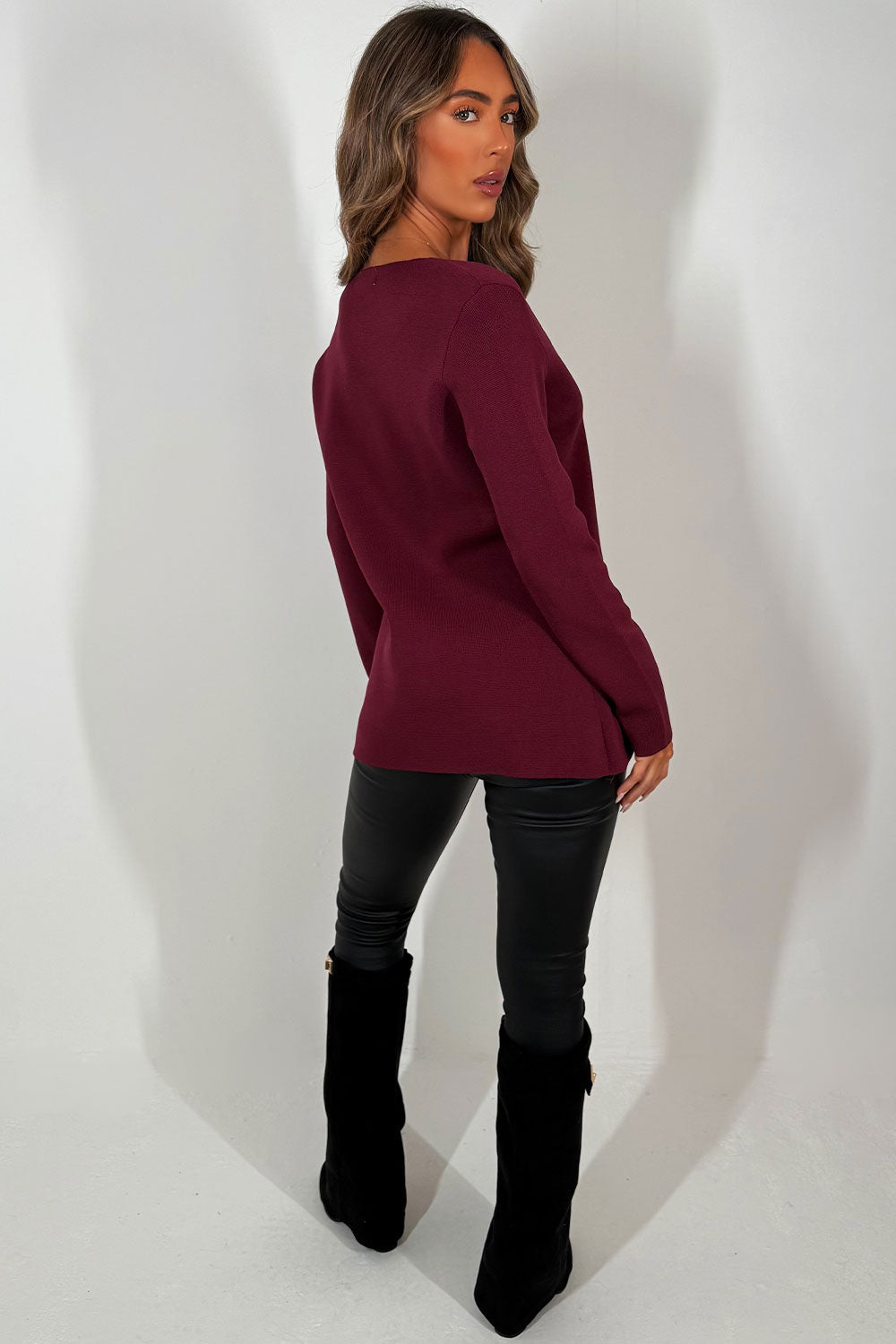 Gold Button Long Sleeve Knitted Jumper Burgundy | Xtralitty