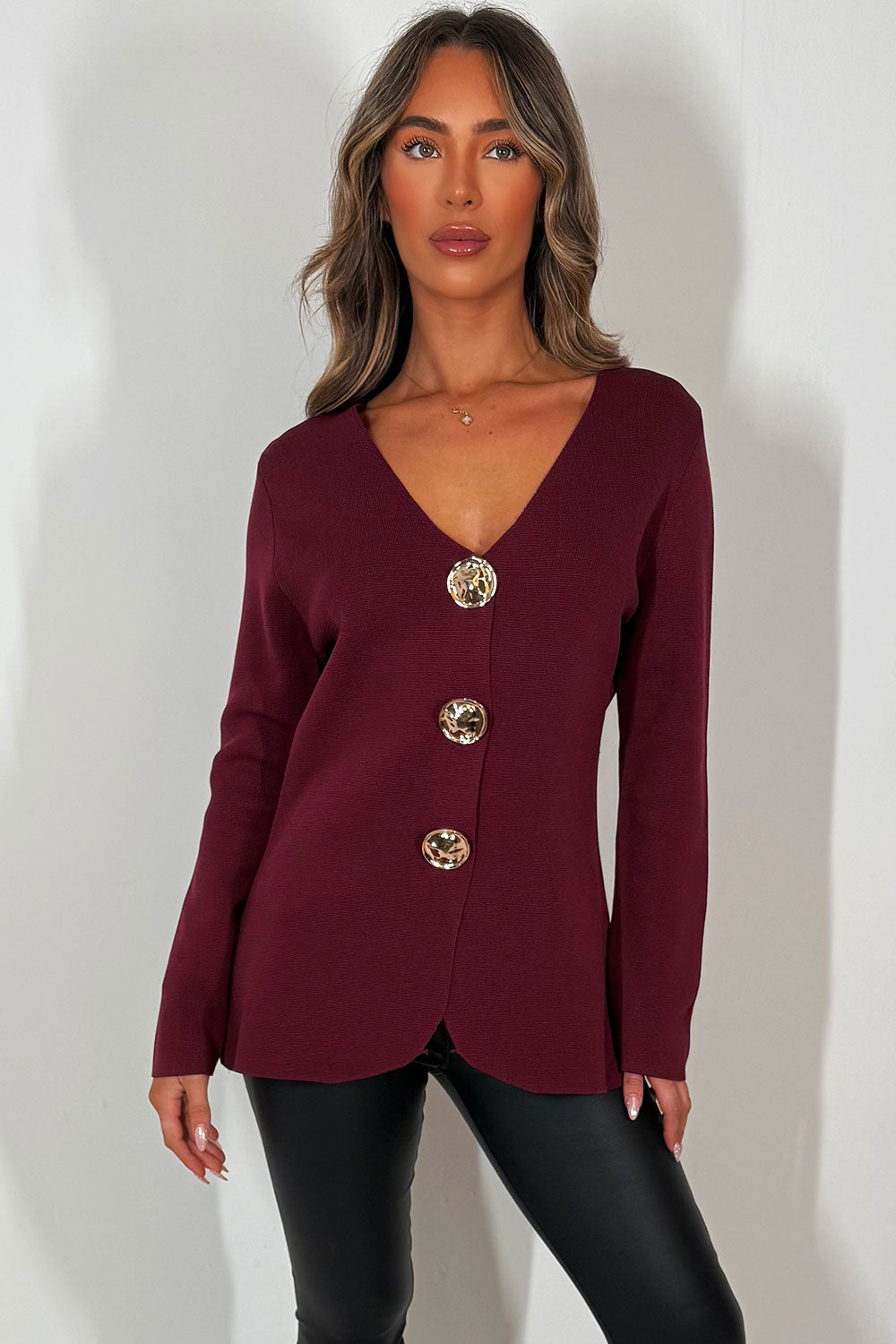 Gold Button Long Sleeve Knitted Jumper Burgundy | Xtralitty