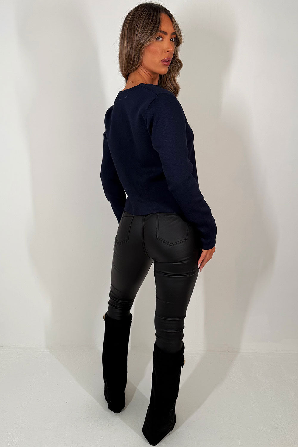 Navy Long Sleeve Knitted Jumper with Gold Button | Xtralitty