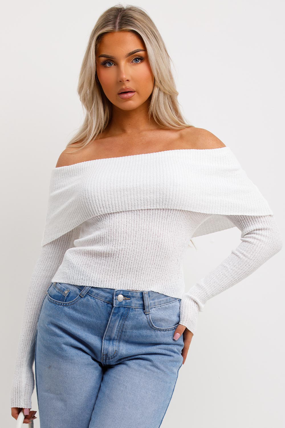 Bardot Jumper with Fold Over Detail White | Xtralitty