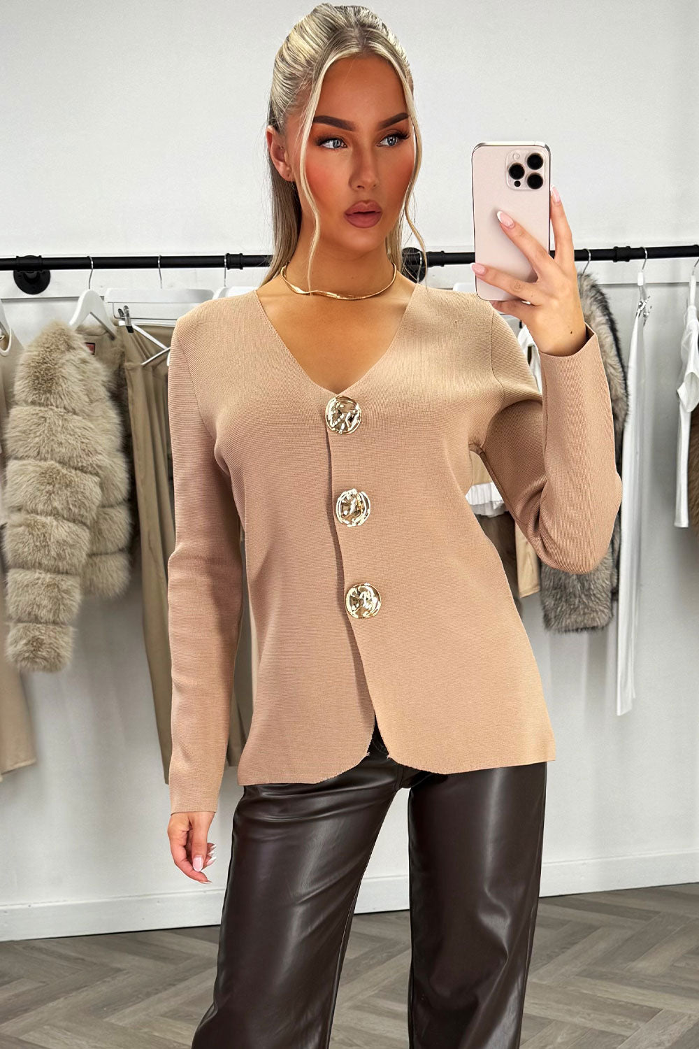 Gold Button Long Sleeve Knitted Jumper Beige | Xtralitty