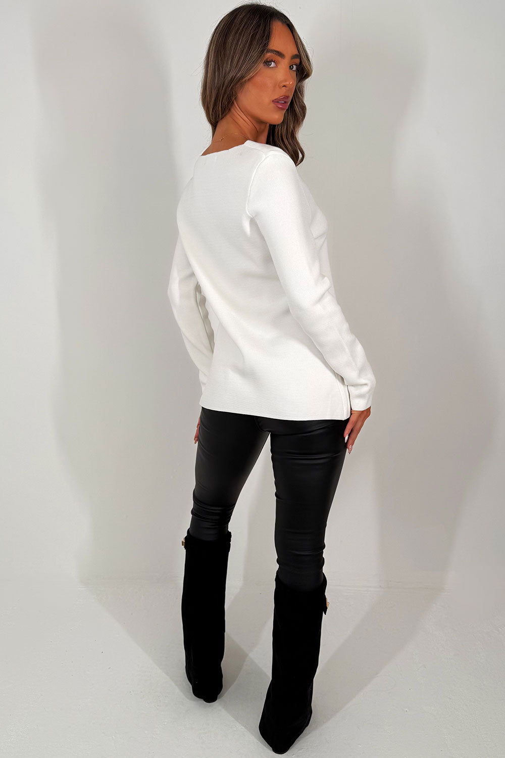 Gold Button Long Sleeve Knitted Jumper White | Xtralitty