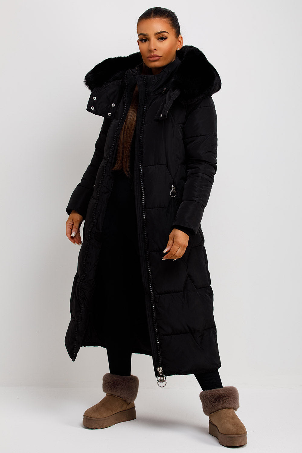 Long Puffer Padded Coat with Faux Fur Hood Black | Xtralitty