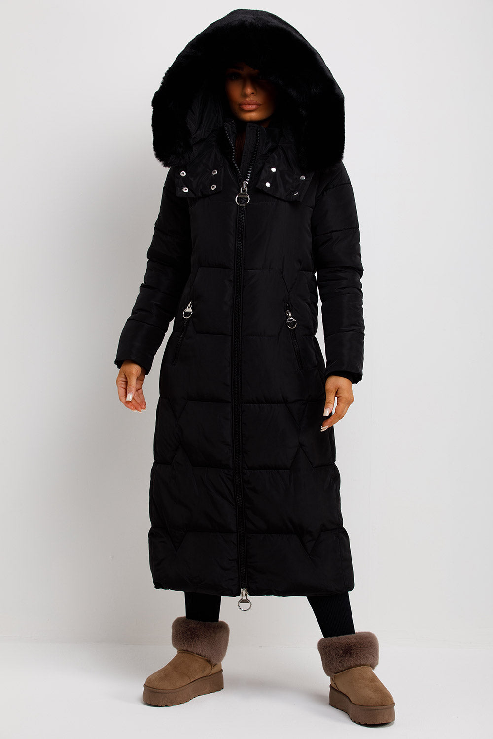 Long Puffer Padded Coat with Faux Fur Hood Black | Xtralitty