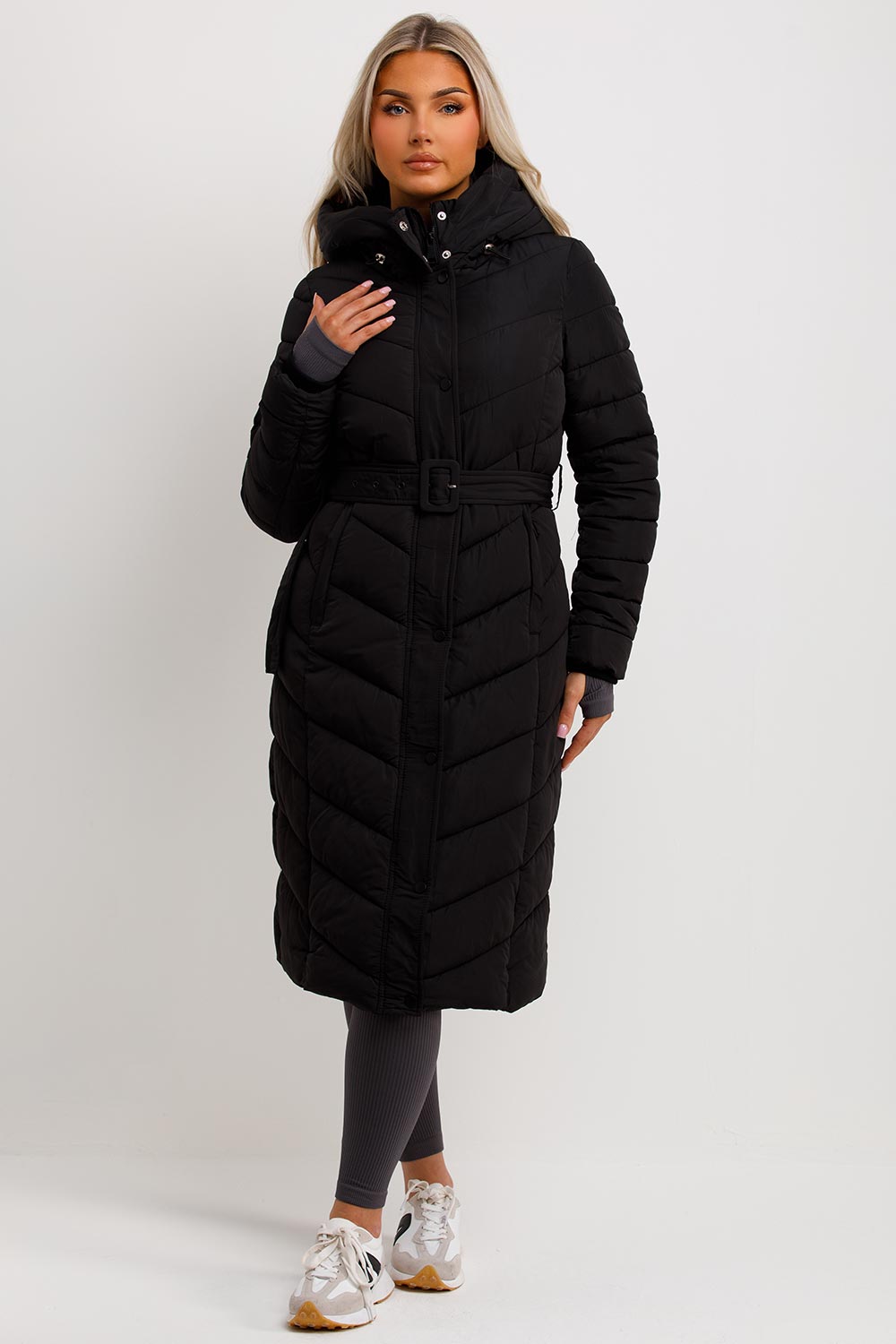 Long Padded Puffer Coat with Belt Black | Xtralitty