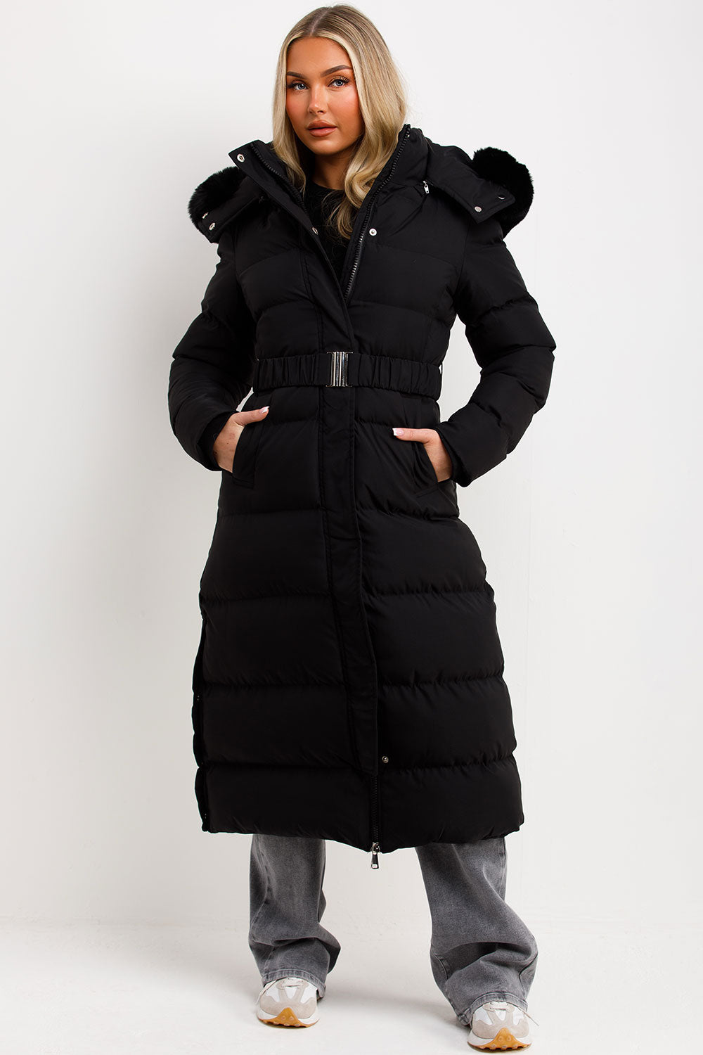 Long Puffer Coat with Faux Fur Hood and Belt Bla | Xtralitty