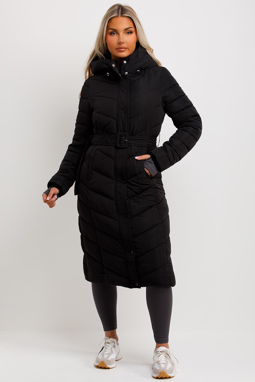 Long Padded Puffer Coat with Belt Black | Xtralitty