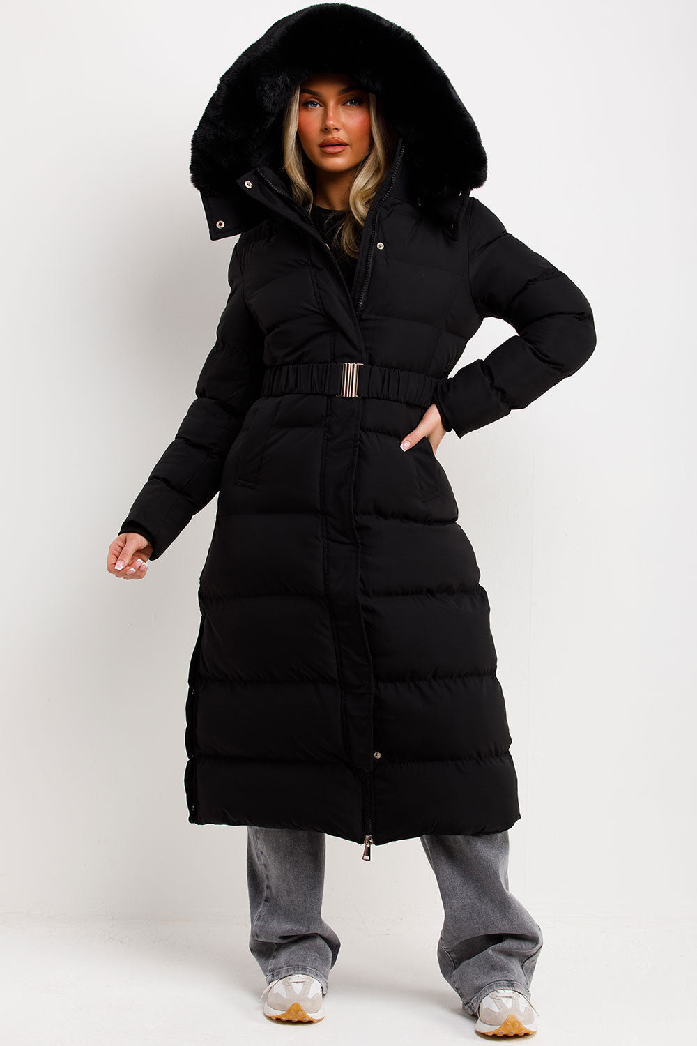 Long Puffer Coat with Faux Fur Hood and Belt Bla | Xtralitty
