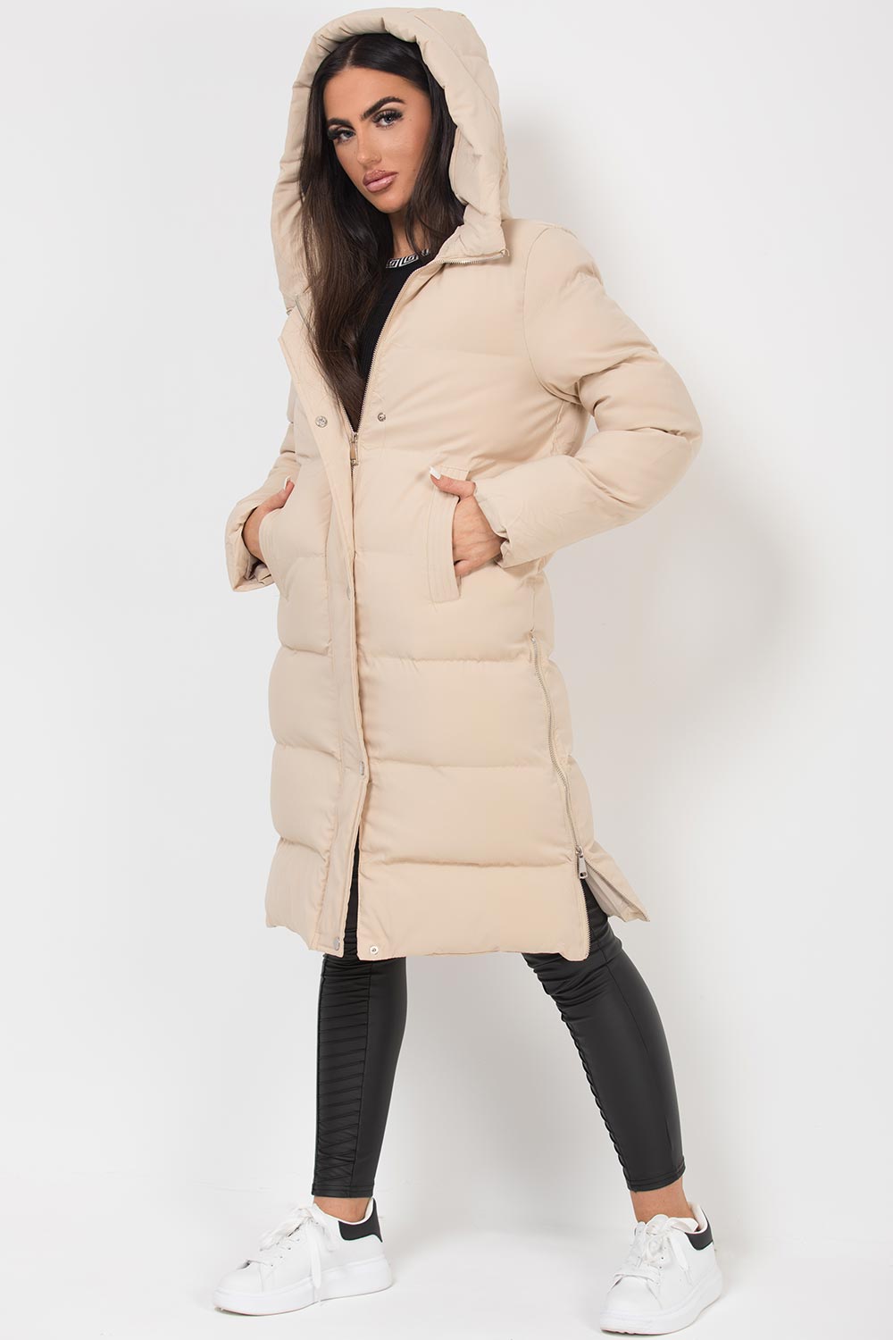 Long Puffer Coat with Side Zip Beige | Xtralitty