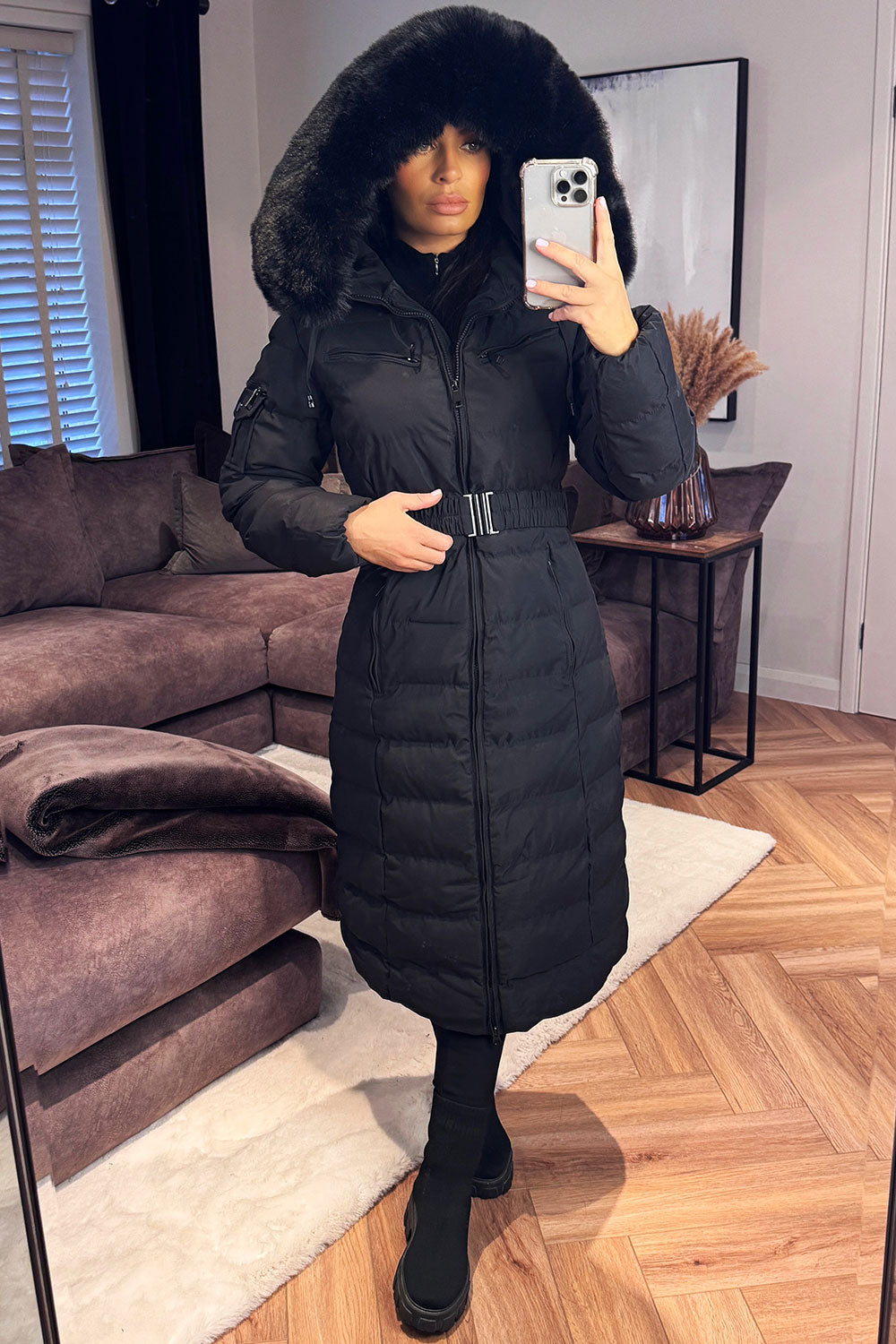 Longline Puffer Padded Coat with Fur Hood and Be | Xtralitty