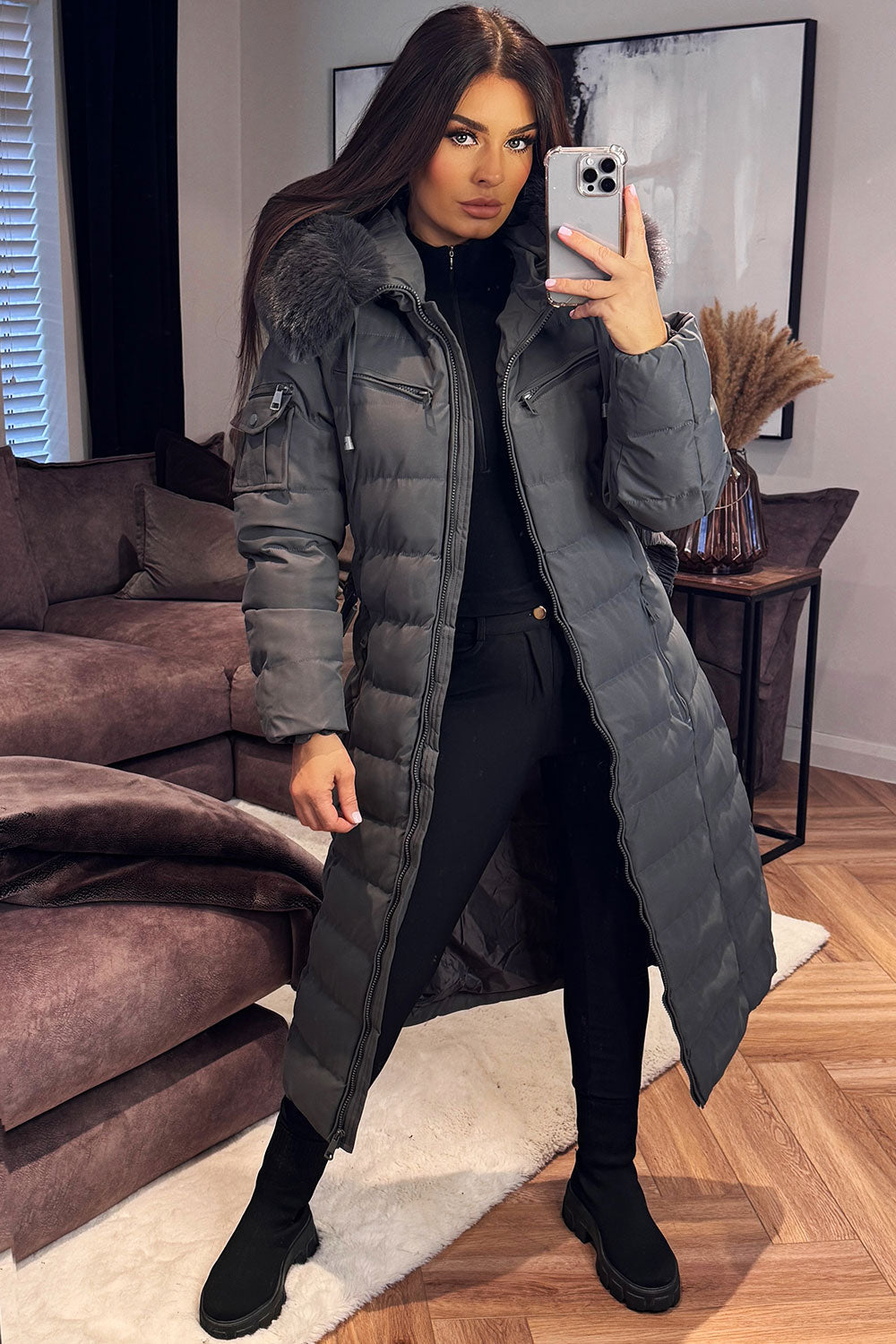 Longline Puffer Padded Coat with Fur Hood and Be | Xtralitty