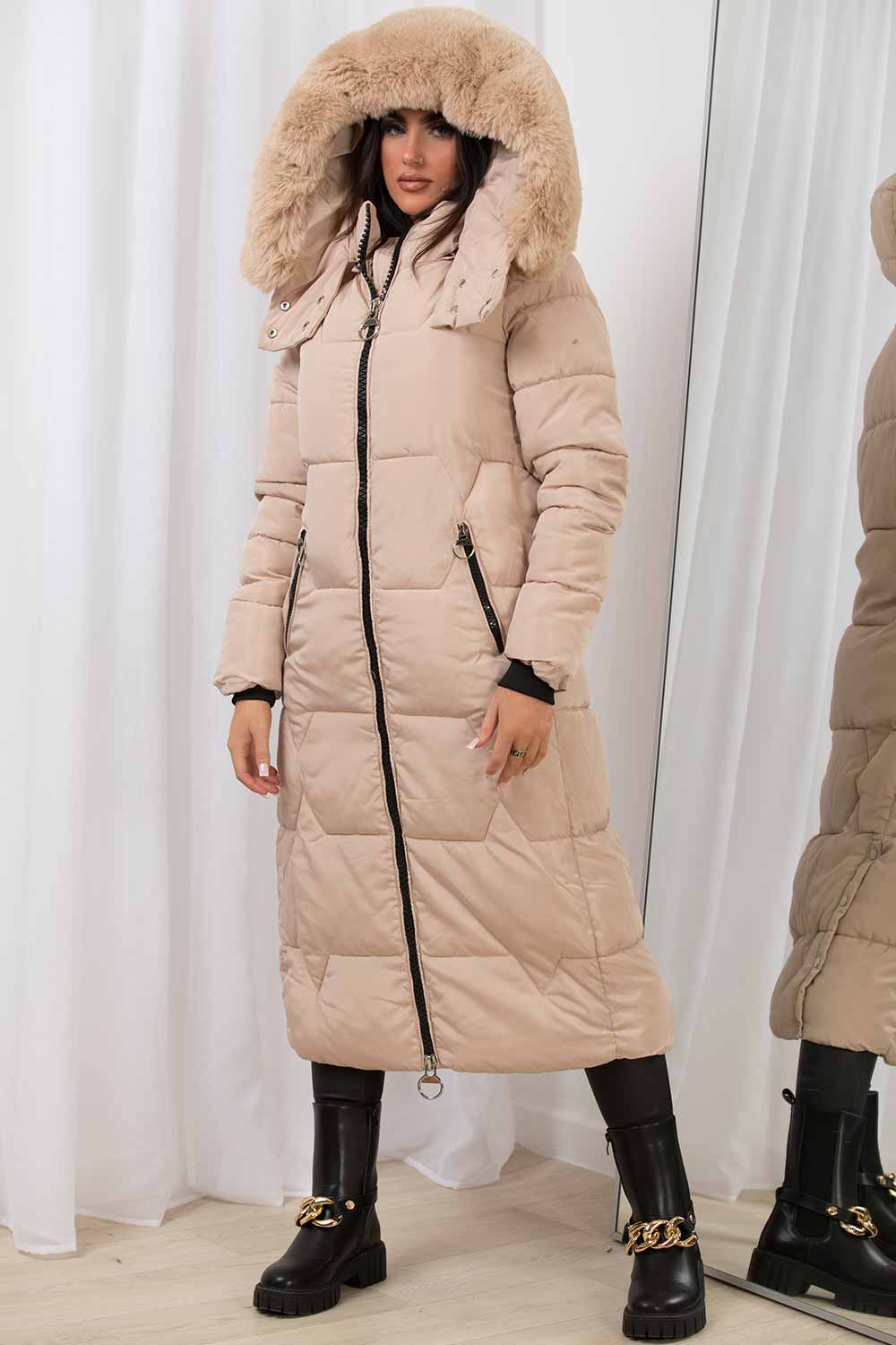 Long Puffer Padded Coat with Faux Fur Hood Beige | Xtralitty