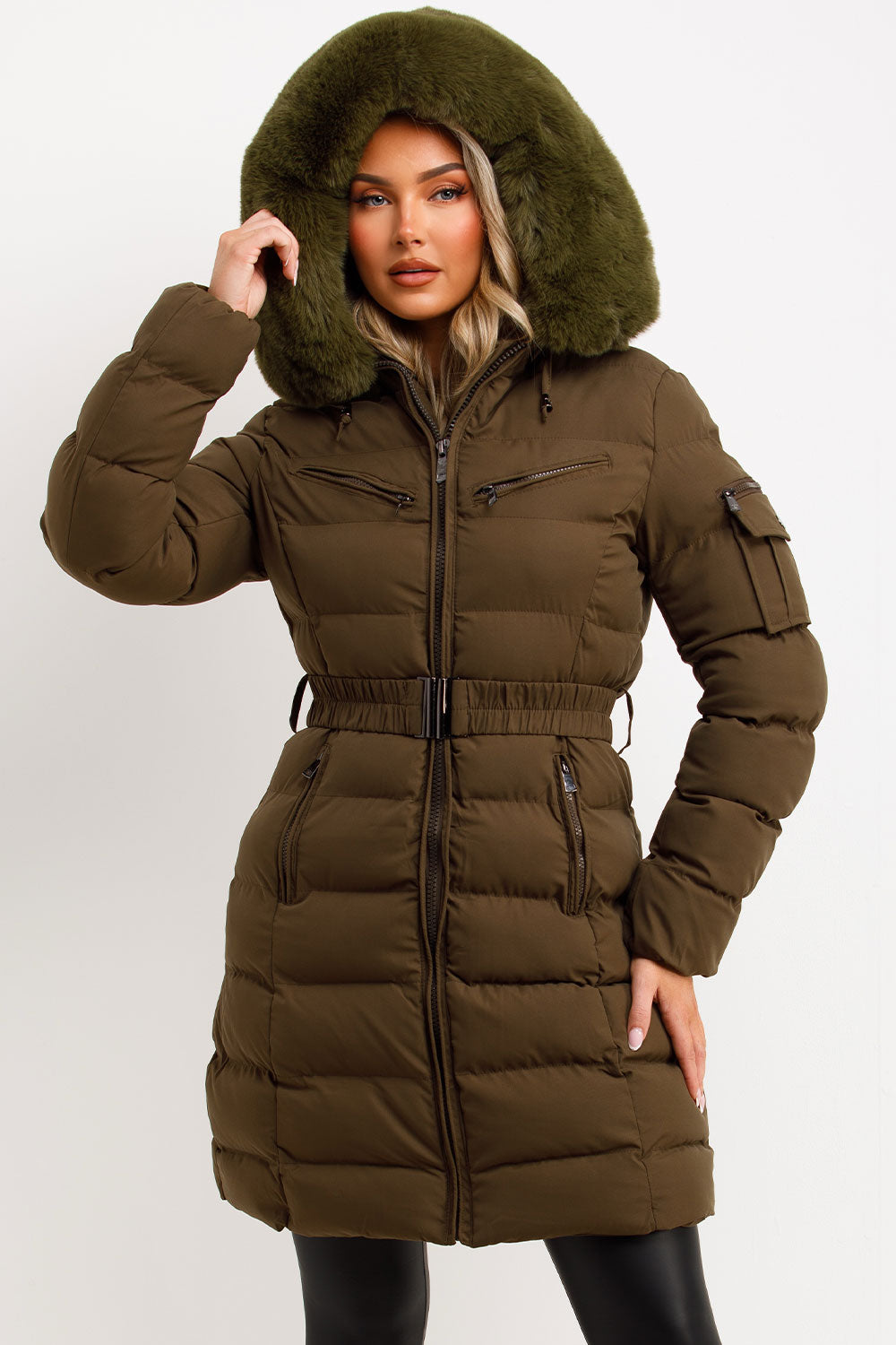 Long Puffer Coat with Fur Hood and Belt Khaki | Xtralitty