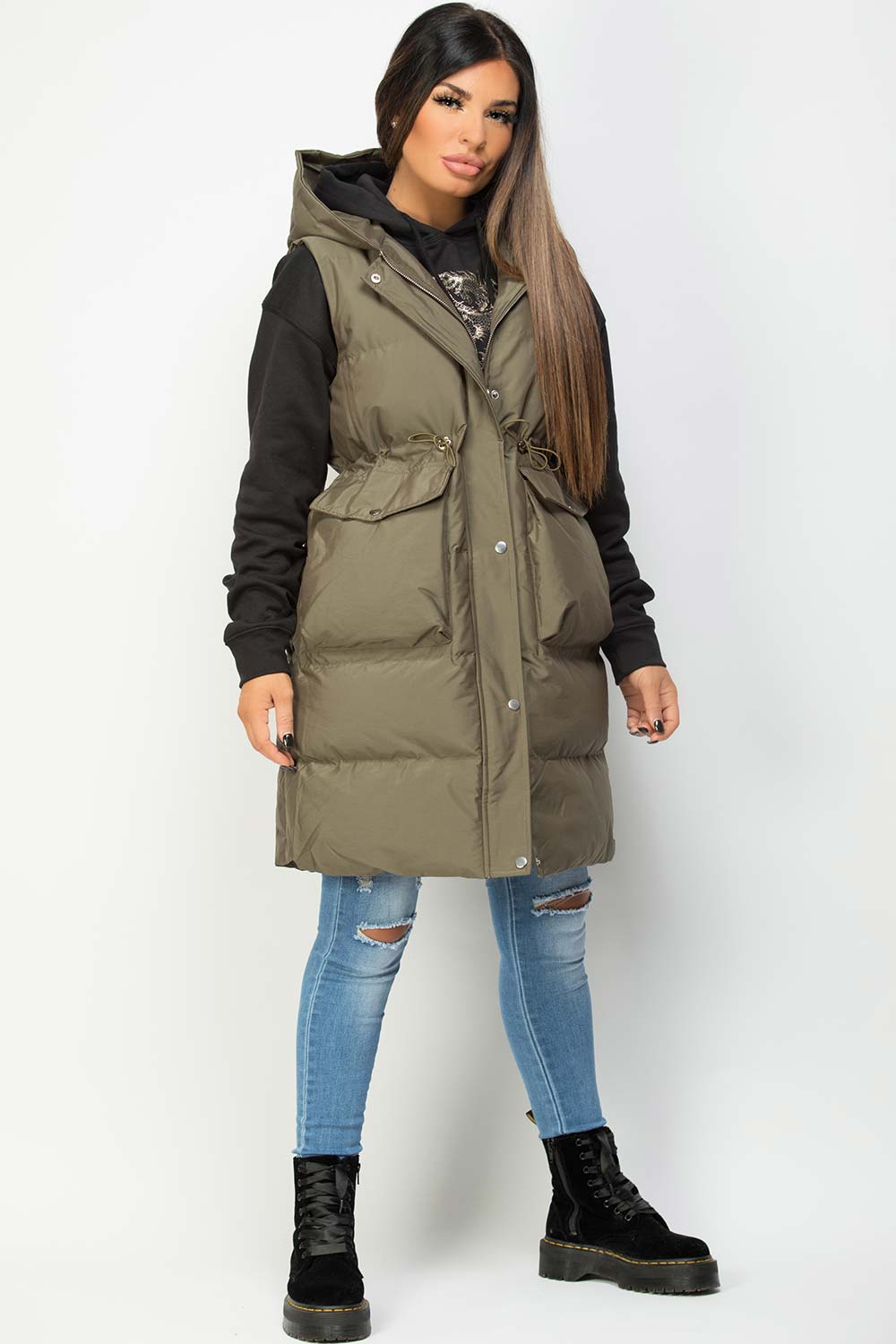 Khaki Padded Longline Gilet with Drawstring Wais | Xtralitty
