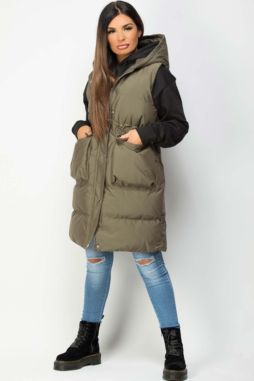 Khaki Padded Longline Gilet with Drawstring Wais | Xtralitty