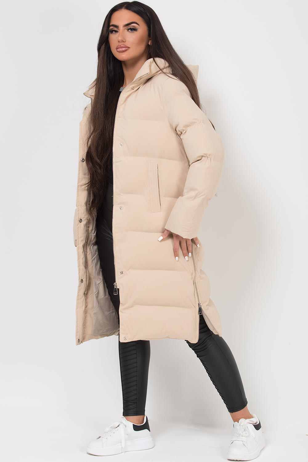 Long Puffer Coat with Side Zip Beige | Xtralitty