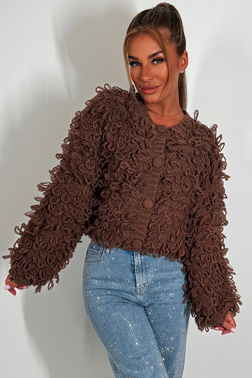 Knitted Cardigan Jumper with Shaggy Loop Fringe | Xtralitty