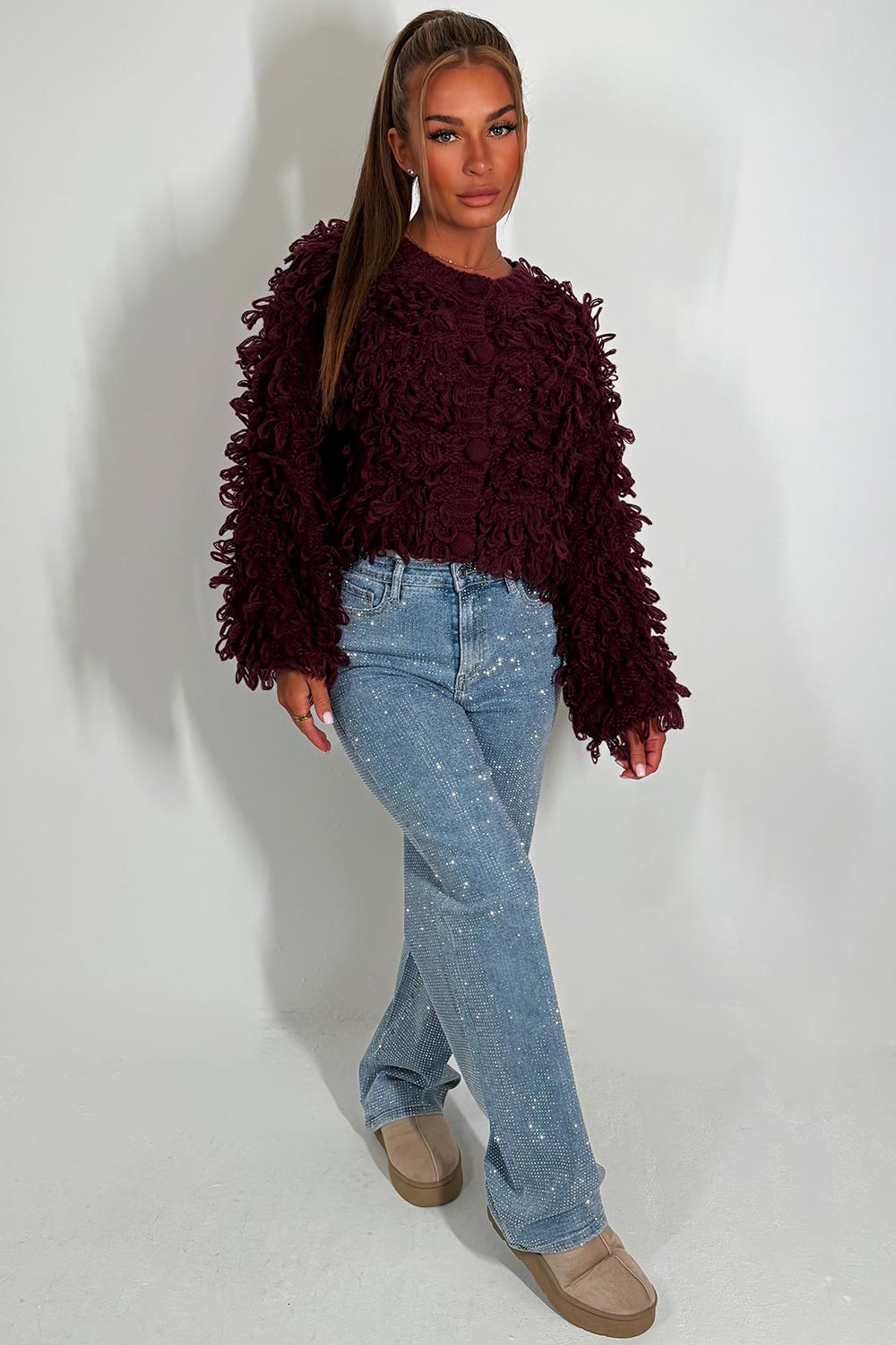 Knitted Cardigan Jumper with Shaggy Loop Fringe | Xtralitty