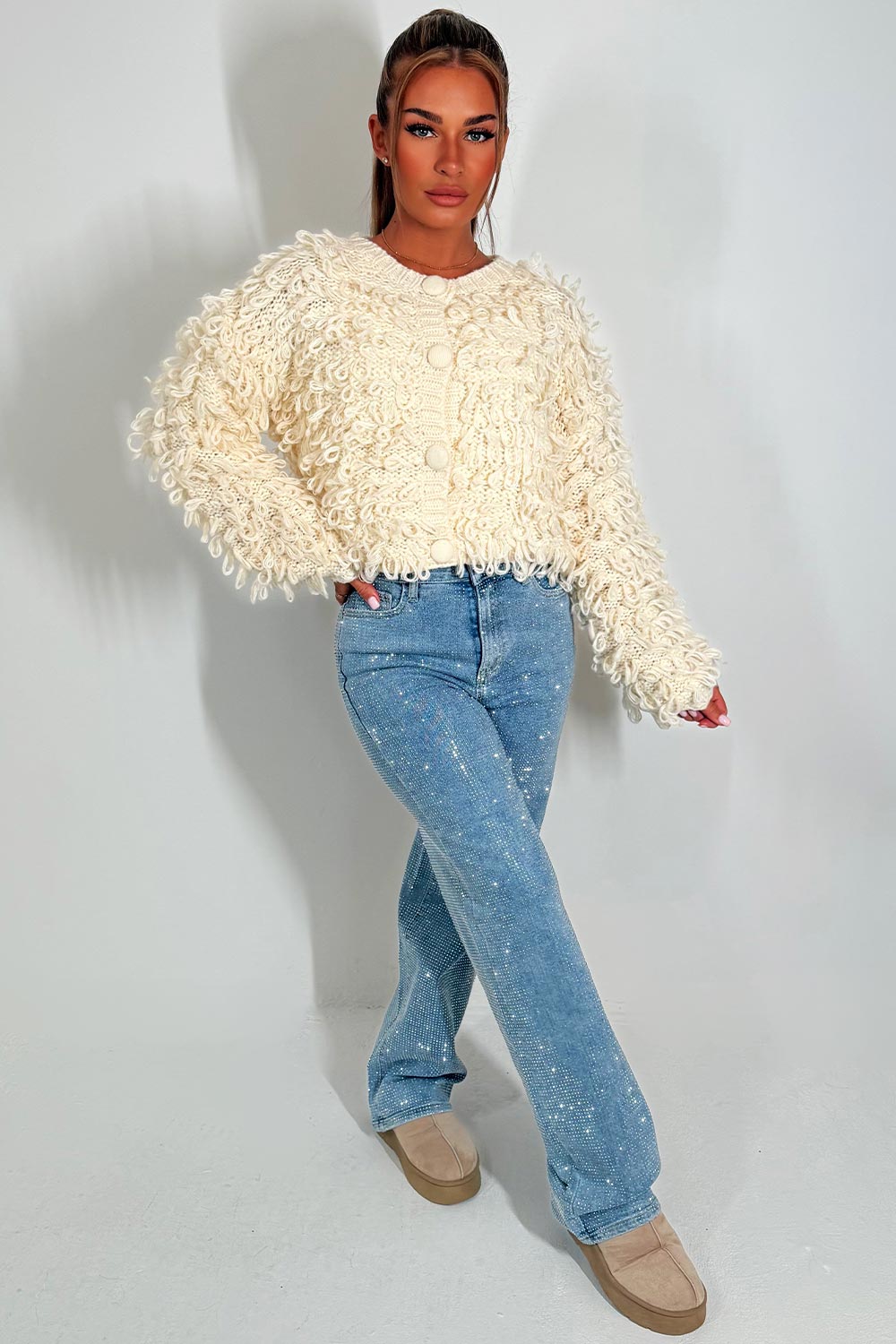 Knitted Cardigan Jumper with Shaggy Loop Fringe | Xtralitty