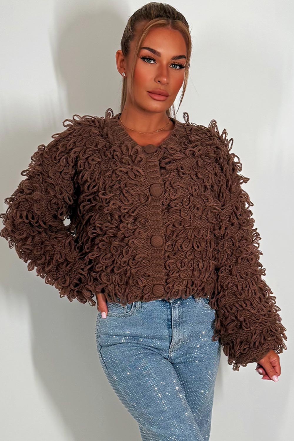 Knitted Cardigan Jumper with Shaggy Loop Fringe | Xtralitty