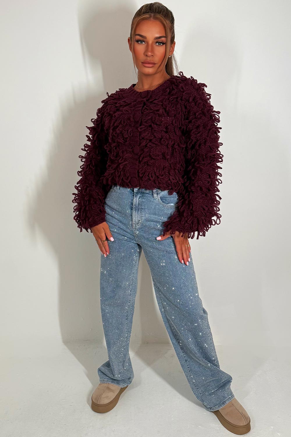 Knitted Cardigan Jumper with Shaggy Loop Fringe | Xtralitty