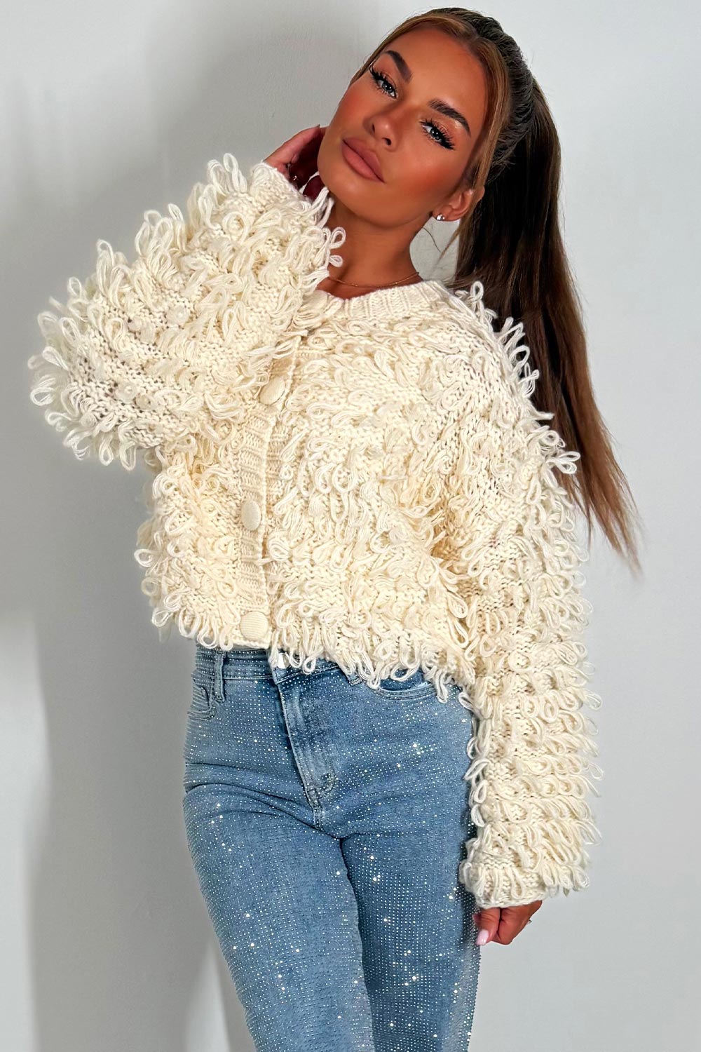 Knitted Cardigan Jumper with Shaggy Loop Fringe | Xtralitty