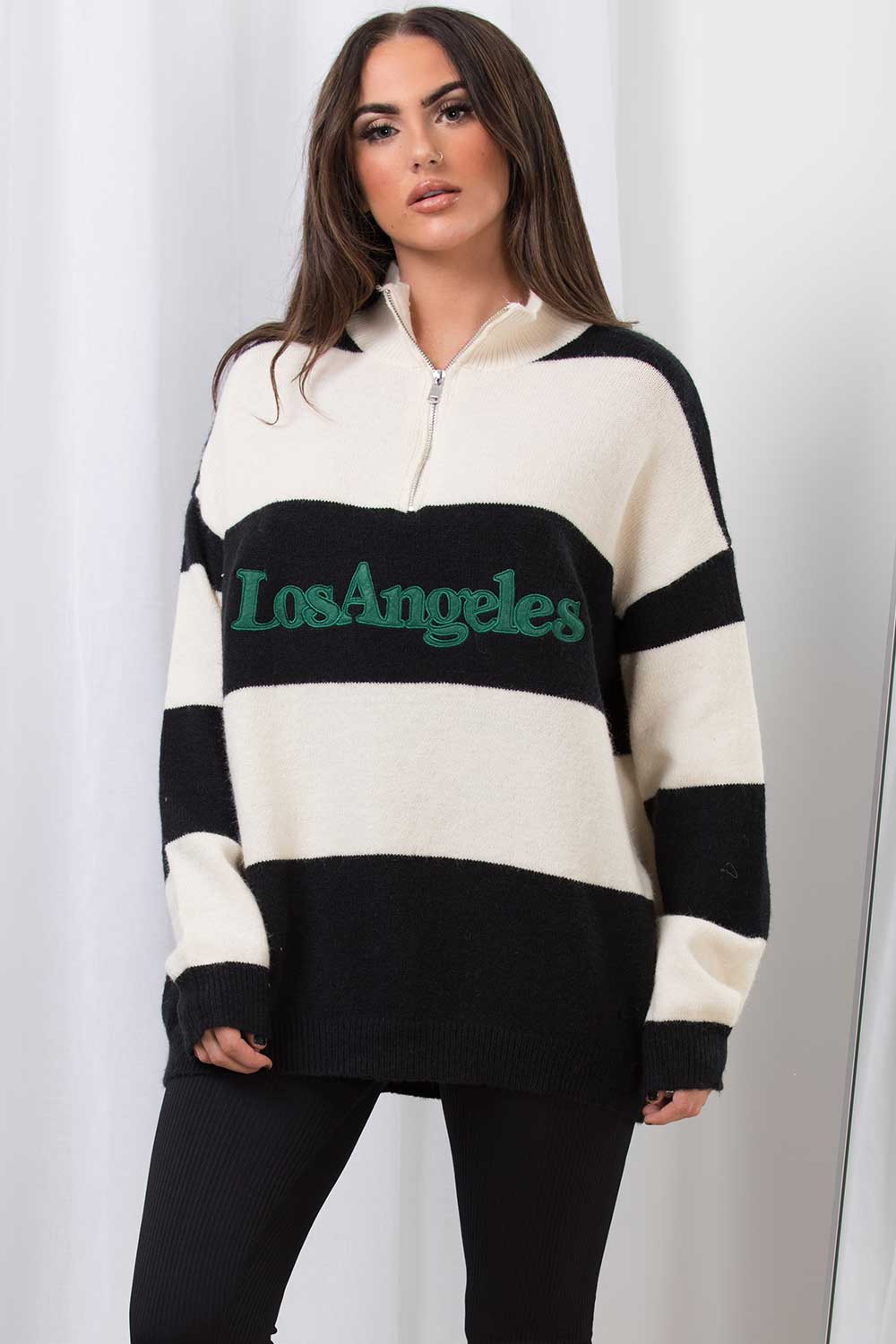 Half Zip Stripe Jumper with Los Angeles Slogan B | Xtralitty