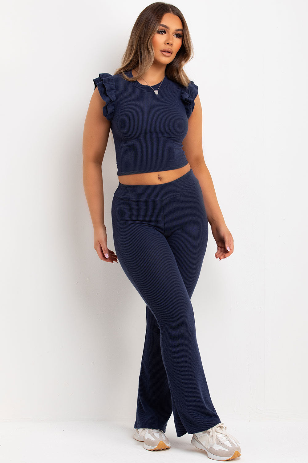 Frill Shoulder Top and Skinny Flare Trouser Set | Xtralitty