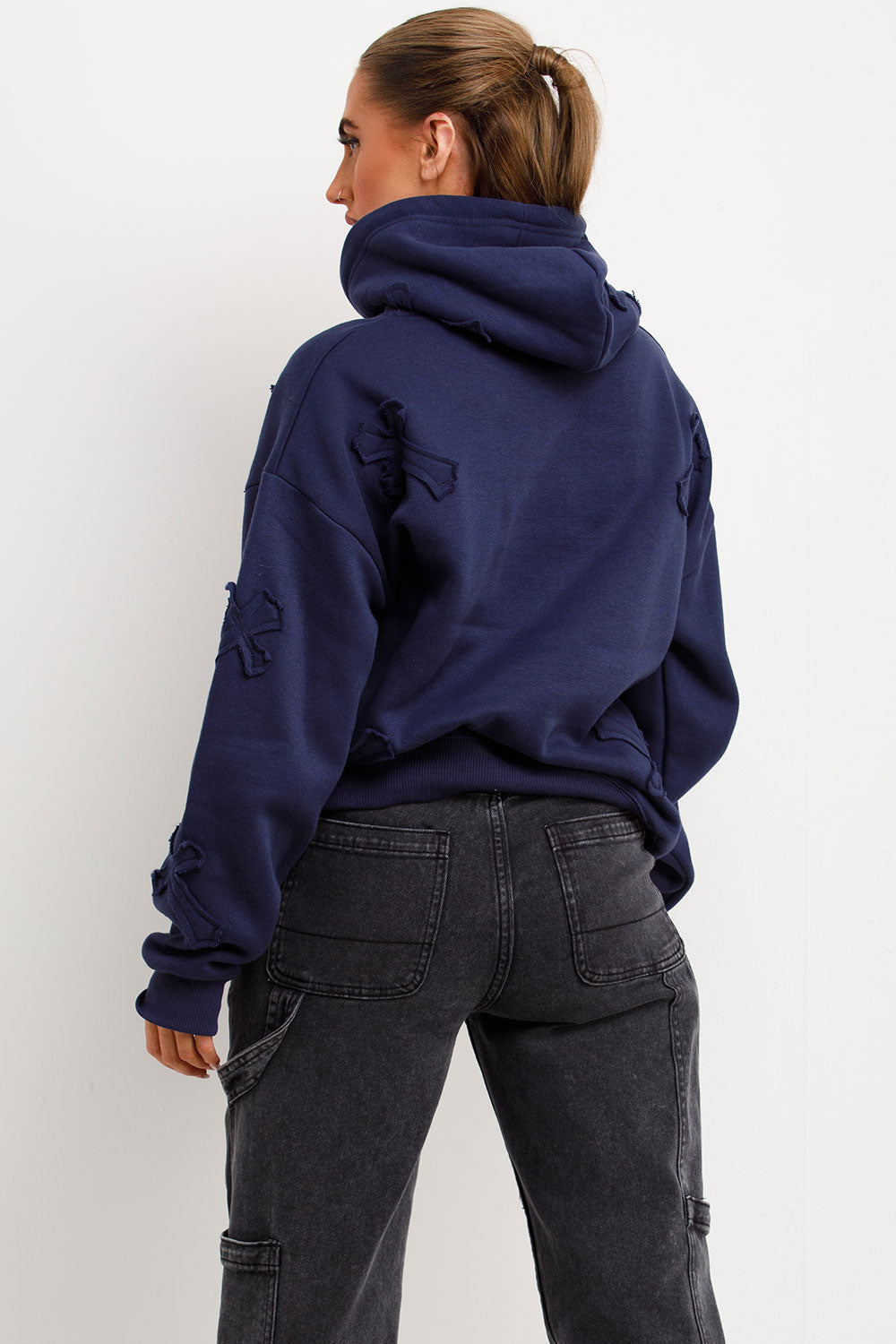 Hoodie with Cross Applique Embroidery Navy | Xtralitty