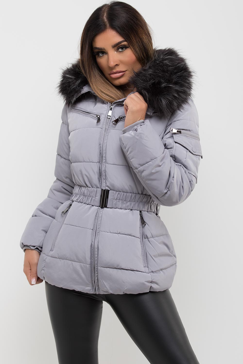 Grey Faux Fur Hooded Jacket with Belt | Xtralitty
