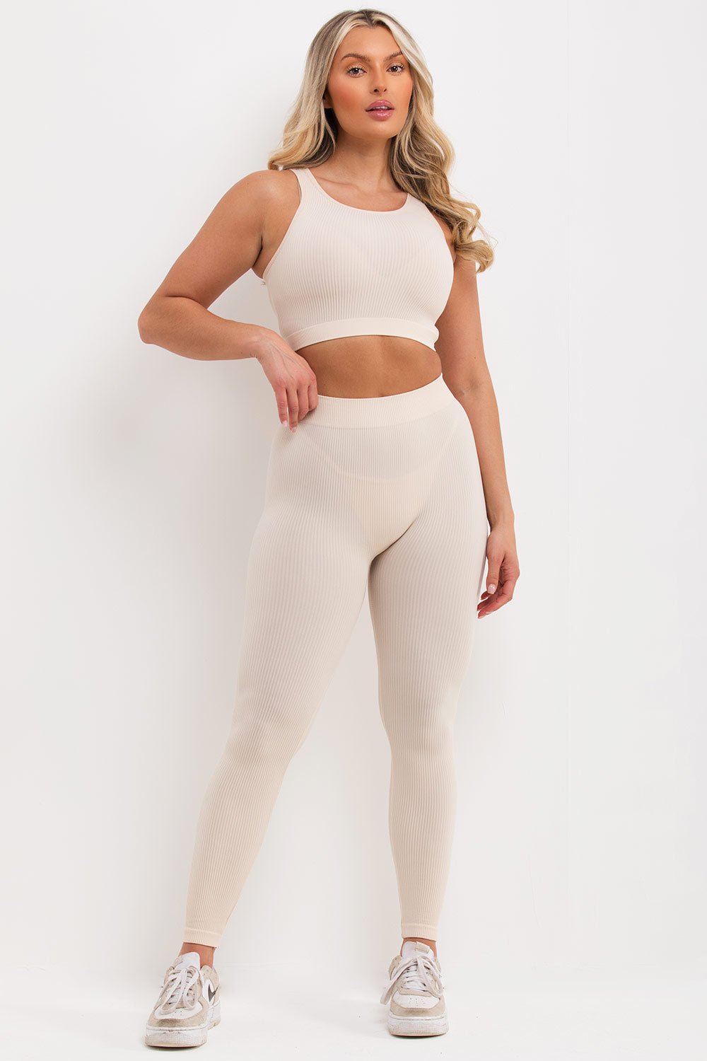Ribbed Leggings and Crop Top Co Ord Set Beige | Xtralitty