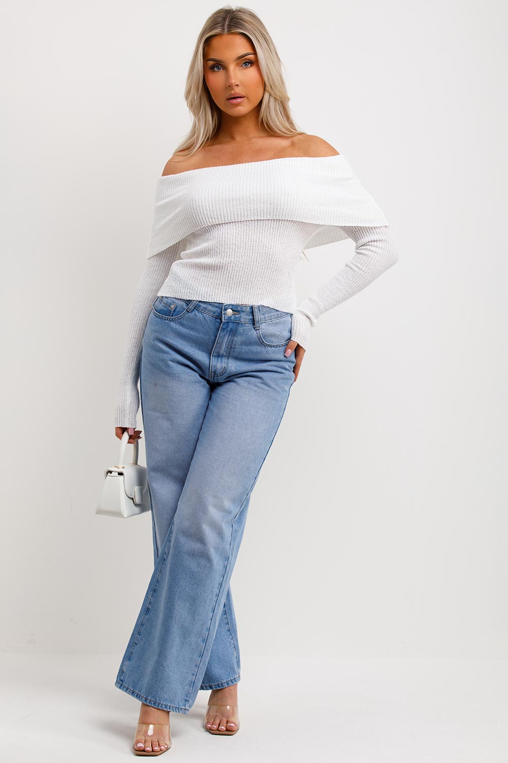 Bardot Jumper with Fold Over Detail White | Xtralitty