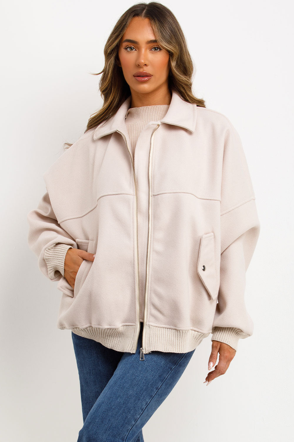Soft Oversize Bomber Jacket with Collar Beige | Xtralitty
